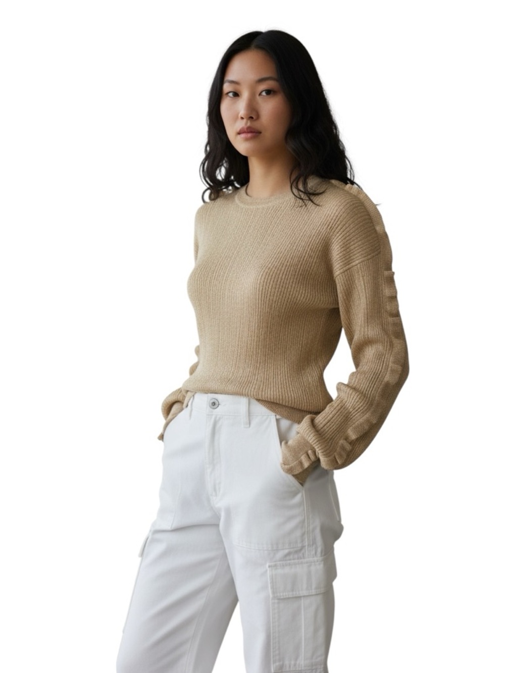 Derek Lam 10 Crosby Metallic Gold Ribbed Ruffle Sweater S/P